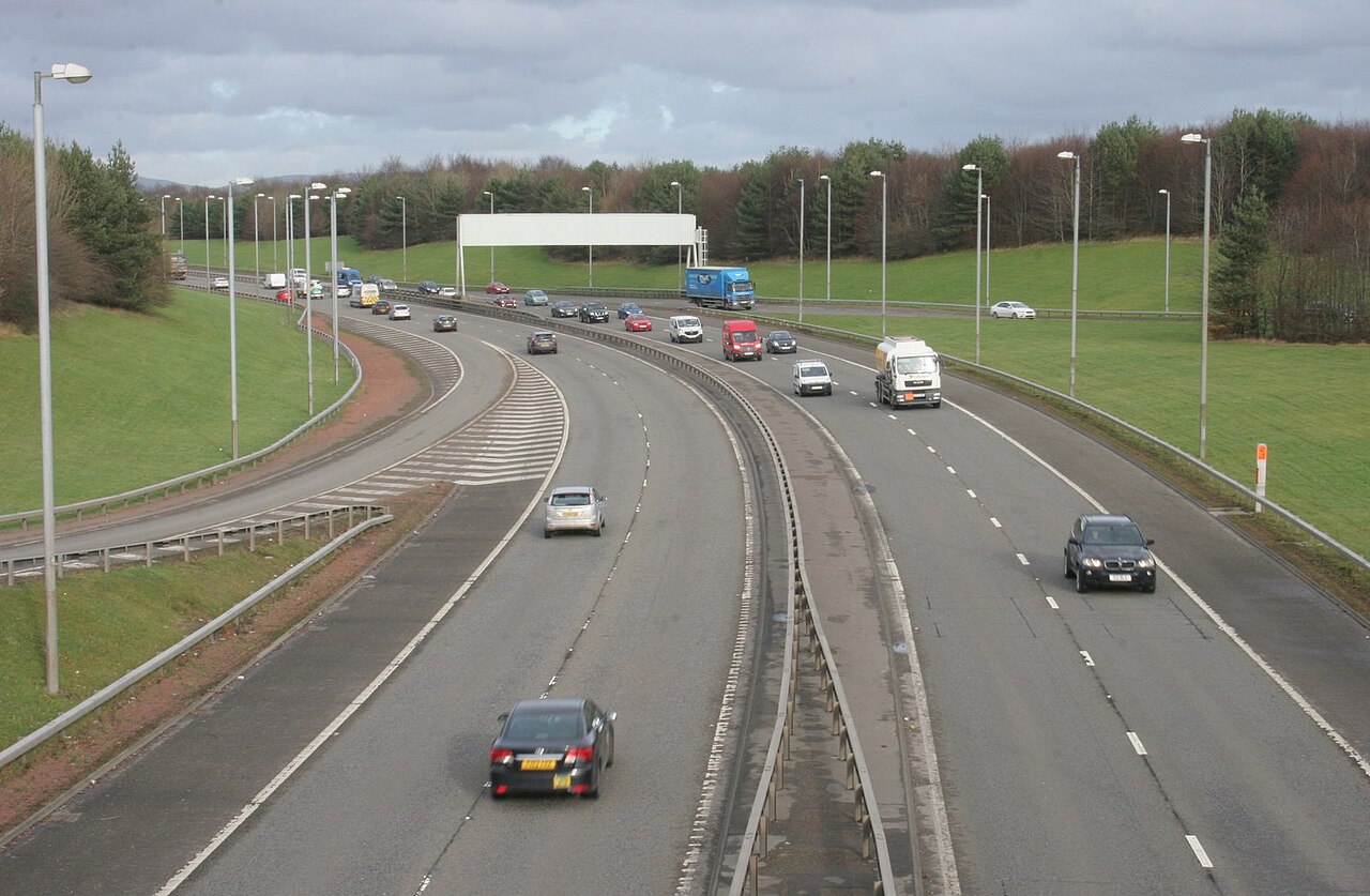 Aerial view of a UK motorway junction connecting major routes